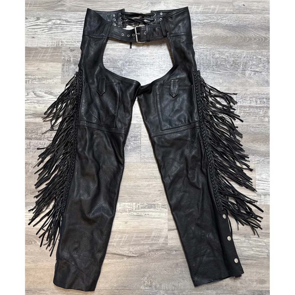 Vintage 80s Addis Motorcycle Leather Riding Chaps w/fringe Size XXS. Made In USA